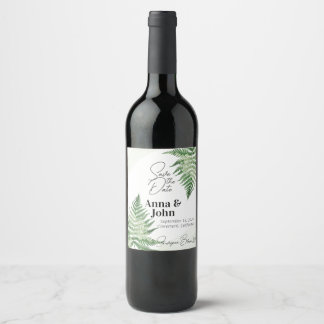 Minimalistisk Grönt Fern Bröllop Vinflaska Etikett
