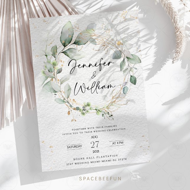Minimalistisk Grönt för Blommigt av bröllopsinbjud Inbjudningar (Wedding invitation floral minimalist, green wedding invitation, minimalist wedding stationery, flora)