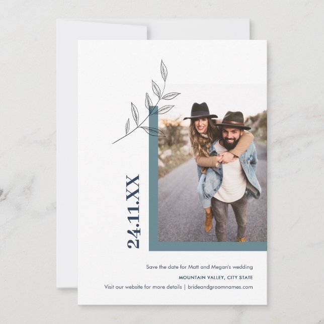 Minimalistisk Grönt för utomhusfoto av Löv-typ Spara Datumet (Framsida)