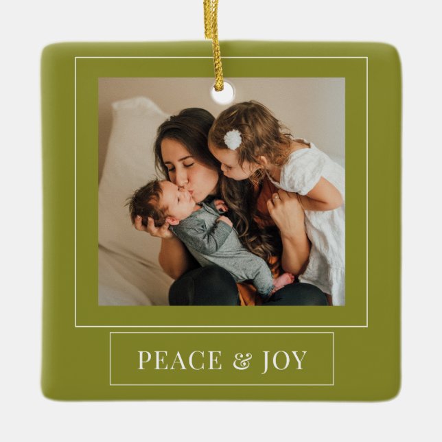 Minimalistisk Grönt, fred och joy-julfoto Julgransprydnad Keramik (Framsida)