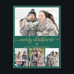 Minimalistisk Grönt Guld 4 Photo Collage jul Vykort<br><div class="desc">Elegant, Minimalistiskt, Modern Grönt och Guld 4 Photo Collage God jul Script Helgdag Postcard. Den här sjutna, minimala fyra (4) fotokortsmallen innehåller en söt fotokollage, ett litet udda hjärta och säger God jul! Texten "God jul" hälsning är skriven i ett vackert guld-handsskrivet typsnitt av typen swash-svan på grönten av mörk...</div>