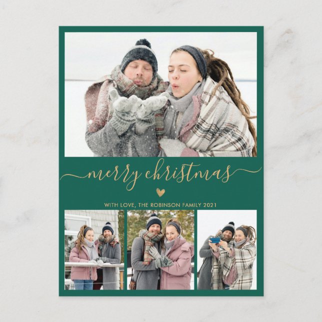 Minimalistisk Grönt Guld 4 Photo Collage jul Vykort (Framsida)