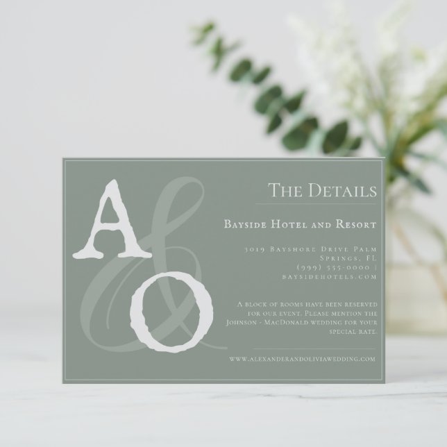 Minimalistisk Grönt i Monogram Bröllop Tilläggskort (Stående Fram)