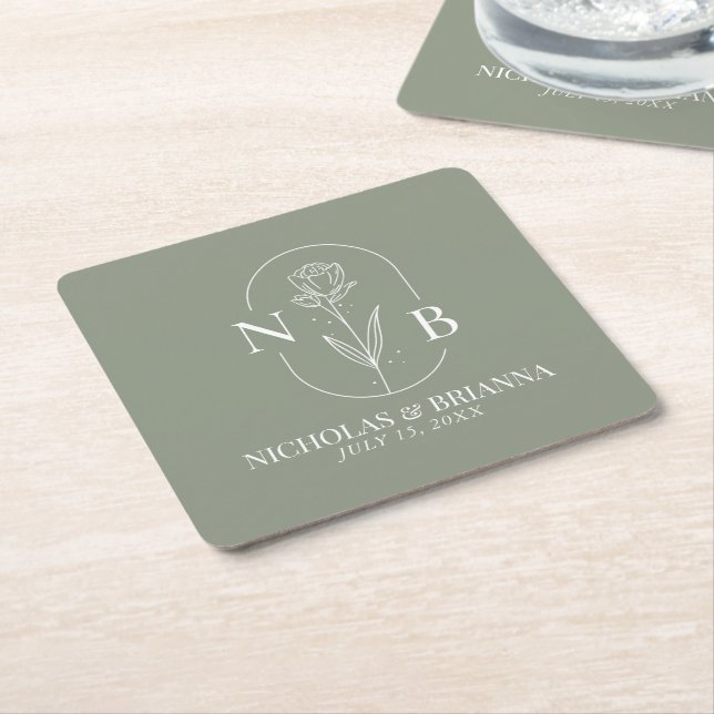 Minimalistisk Grönt i monogram Sage Elegant bröllo Underlägg Papper Kvadrat (Vinklad)