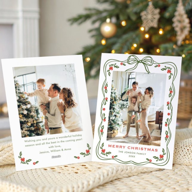 Minimalistisk Grönt Julblocket Ribbon 2 Photo Julkort (Skapare uppladdad)