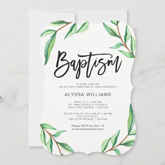 Minimalistisk Grönt Lämnar på vit baptism Inbjudningar (Framsida)