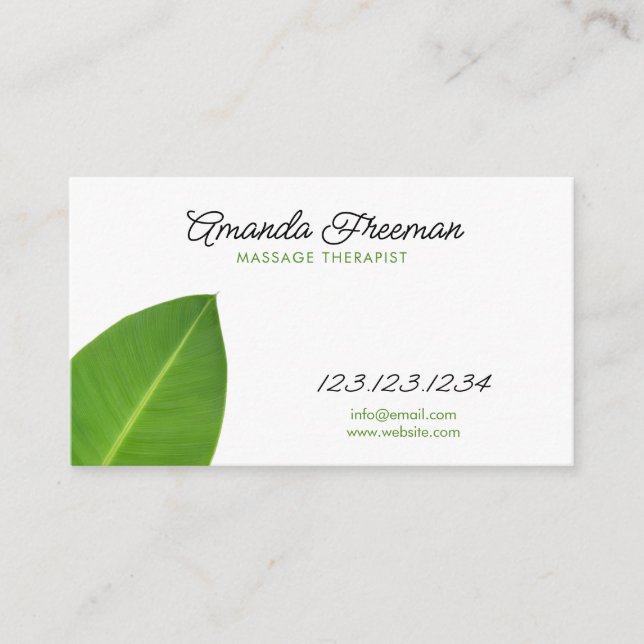 Minimalistisk Grönt Löv-massageterapi Visitkort (Framsida)