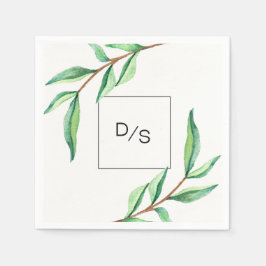 Minimalistisk Grönt Löv med Monogram Bröllop Pappersservett