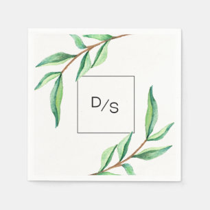 Minimalistisk Grönt Löv med Monogram Bröllop Pappersservett