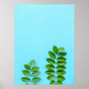 Minimalistisk Grönt Löv på blå bakgrund i botanik Poster