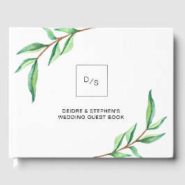 Minimalistisk Grönt Löv på vit | BRÖLLOP Gästböcker