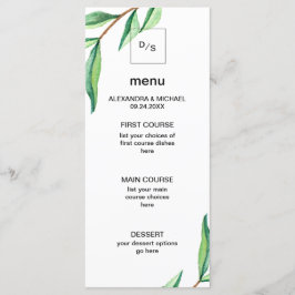 Minimalistisk Grönt Löv på White Bröllop Menu Meny