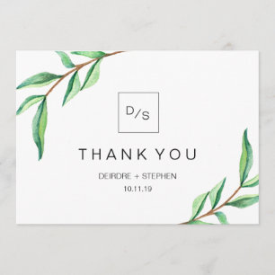 Minimalistisk Grönt Löv   Tack med monogram Kort