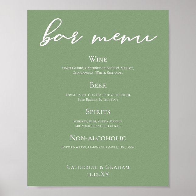 Minimalistisk Grönt-meny Bröllop Pub Poster (Framsidan)