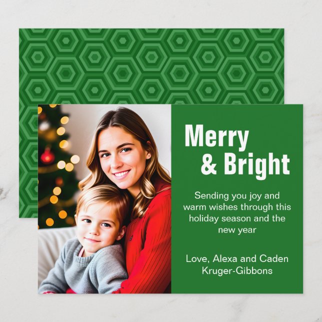 Minimalistisk Grönt "Merry & Bright"-foto Julkort (Fram/baksida)