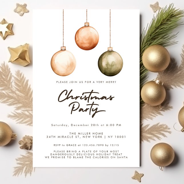 Minimalistisk Grönt Naturliga prydnadsföremål jul  Inbjudningar (Minimalist Green Natural Ornaments Christmas Party Invitation)