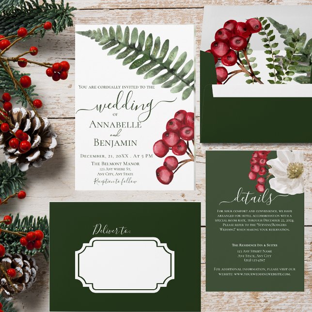 Minimalistisk Grönt och Berry Blommigt Ferns Bröll Inbjudningar (Skapare uppladdad)