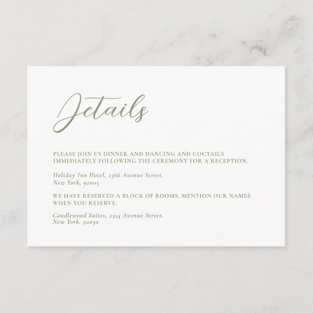 Minimalistisk Grönt och vit enkel Bröllop Tilläggskort (Framsida)