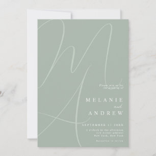 Minimalistisk Grönt-skript i Monogram Bröllop Inbjudningar