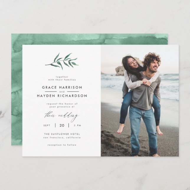 Minimalistisk Grönt Vattenfärgsfoto Gren Bröllop Inbjudningar (Fram/baksida)