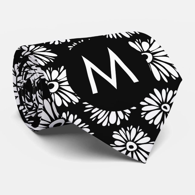 Minimalistisk Groovy Svart och Vit Tusenskönsmonog Slips (Rullad)
