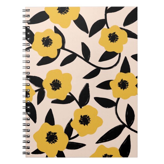 Minimalistisk gul blommönster svarta blad  anteckningsbok (Framsidan)