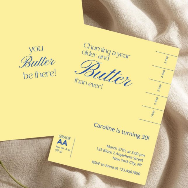 Minimalistisk gul saltad smörfödelsedag inbjudningar (butter birthday invitation, funny birthday invite, turning older and butter, yellow birthday invite,)