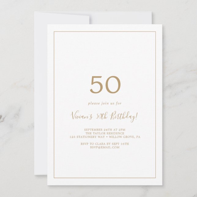Minimalistisk Guld 50:e Födelsedagsfesten Inbjudningar (Framsida)
