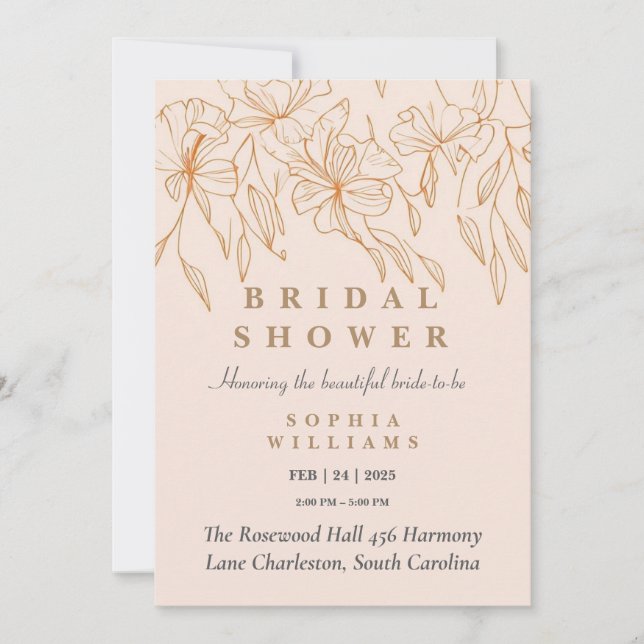 Minimalistisk Guld Blommigt Inbjudningskort för mö (Framsida)