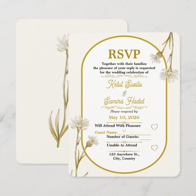 Minimalistisk guld botanisk bröllops-RSVP-kort (Fram/baksida)