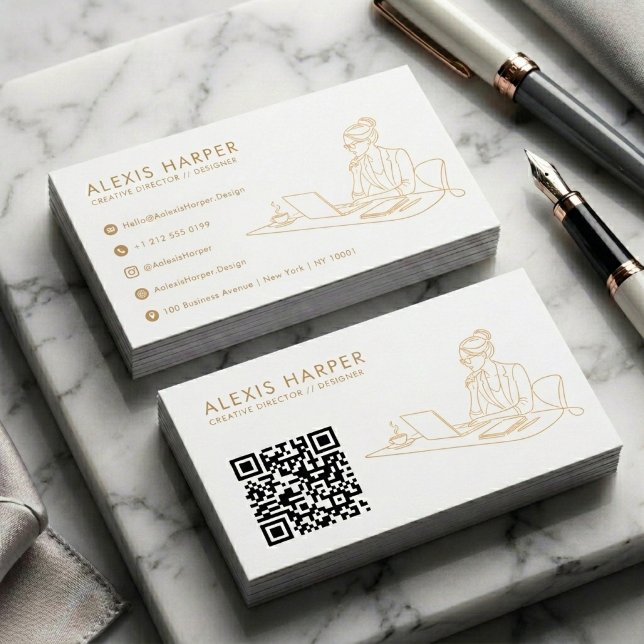Minimalistisk Guld Modern Linjekonst QR-kod Visitkort (Modern Gold Line Art Business Card with QR Code | Minimalist Branding)