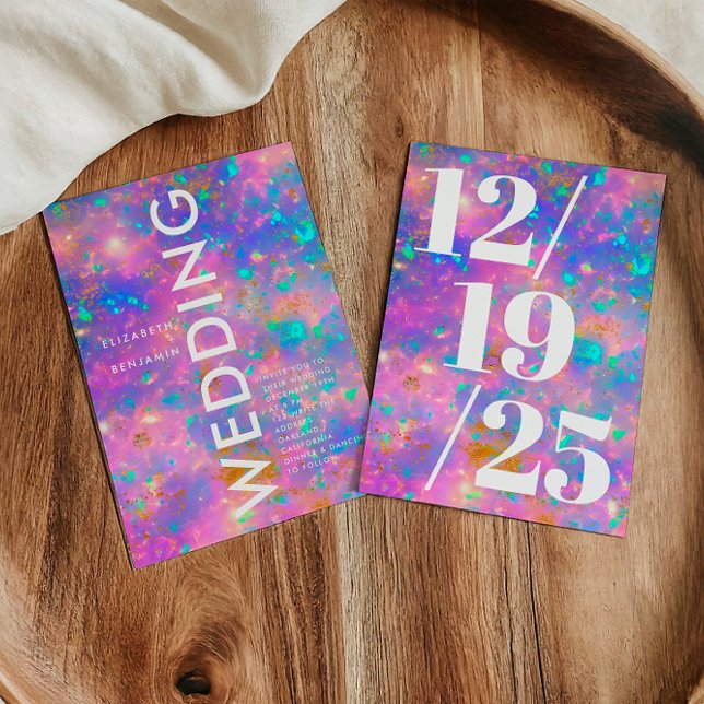 Minimalistisk guld- och opal djärv rosa chic bröll inbjudningar (Skapare uppladdad)