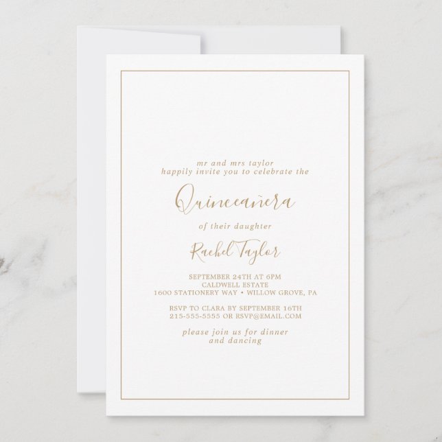 Minimalistisk Guld Quinceañera Inbjudningar (Framsida)