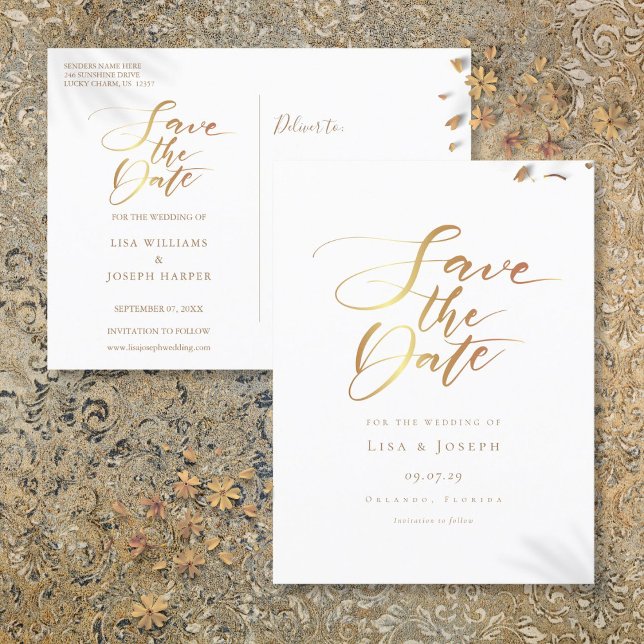 Minimalistisk Guld Skript Spara Datumet Meddelande Vykort (Minimalist Gold Script Save the Date Announcement Postcard)