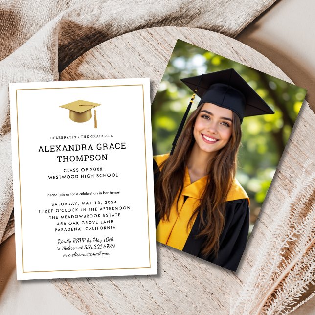 Minimalistisk Guld White Photo Modern Studenten Inbjudningar (Skapare uppladdad)