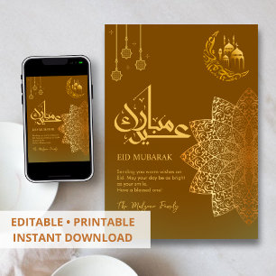 Minimalistisk guldblommig mandala Eid Mubarak-kort Julkort