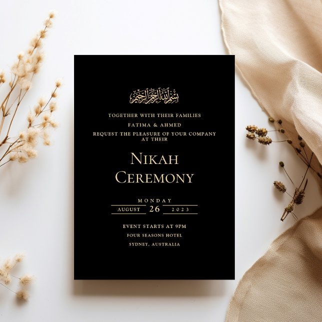 Minimalistisk guldformell skrift svart Nikah-cerem Inbjudningar (Skapare uppladdad)
