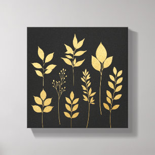 Minimalistisk guldpäls, botanisk väggkonst   Black Canvastryck