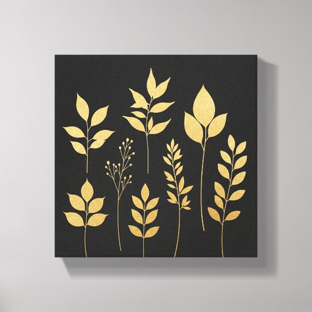 Minimalistisk guldpäls, botanisk väggkonst | Black Canvastryck (Framsida)
