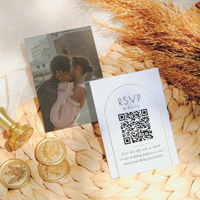 Minimalistisk guldvalv Foto QR-kod Bröllops-svar Tilläggskort (Skapare uppladdad)