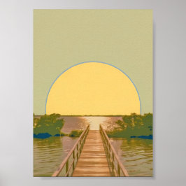 Minimalistisk gyllene solpromenad sjölandskap poster