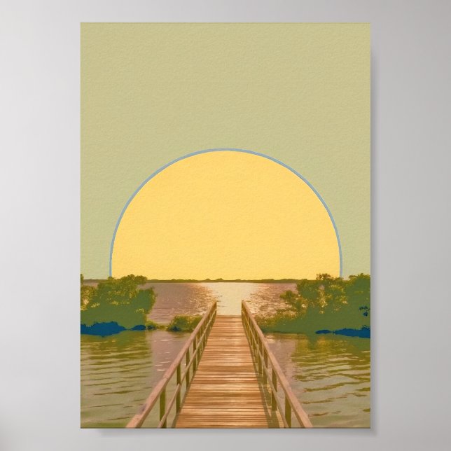 Minimalistisk gyllene solpromenad sjölandskap poster (Framsidan)