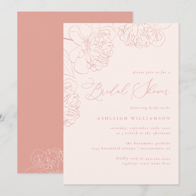  Minimalistisk handdragen Peonies-Möhippa Inbjudningar (Fram/baksida)