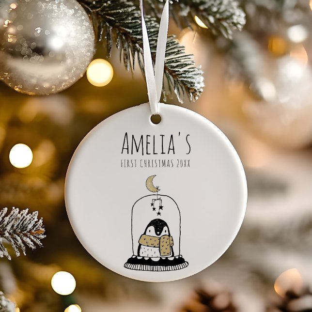 Minimalistisk Handritad Bebis Första Jul Julgransprydnad Keramik (Modern minimalist hand-drawn black and gold customisable baby's first Christmas ornament. )