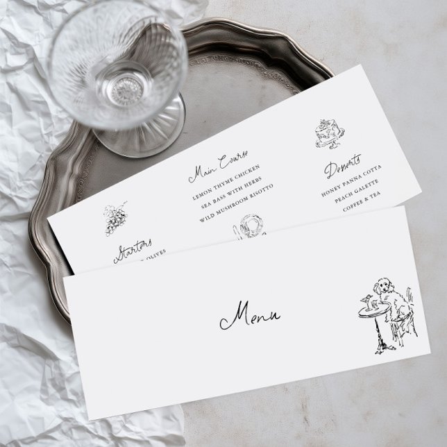 Minimalistisk handritad svart-vit bröllopsmeny inbjudningar (Minimalist Hand Drawn Black & White Wedding Menu)