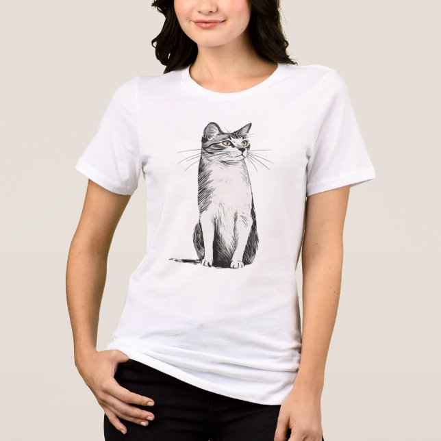 Minimalistisk handritad tabbykatt bläckskissgrafik t shirt (Framsida)