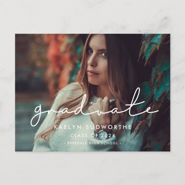 Minimalistisk handskriven examensfotoavisering vykort (Framsida)