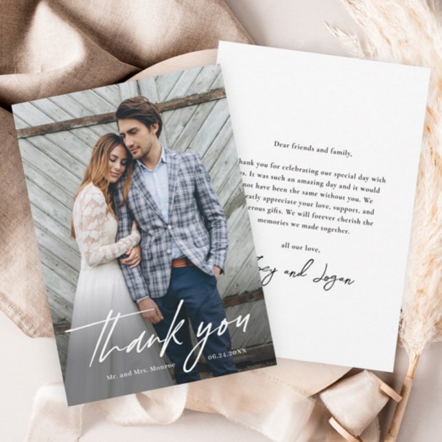 Minimalistisk Handskriven Foto Bröllop Tack Kort (Minimalist handwritten wedding photo thank you cards.)