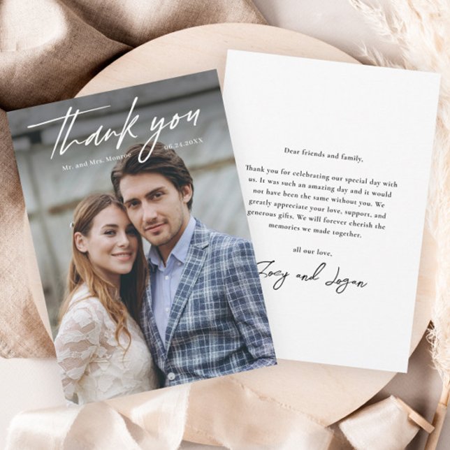 Minimalistisk Handskriven Foto Bröllop Tack Kort (Simple handwritten wedding photo thank you cards.)