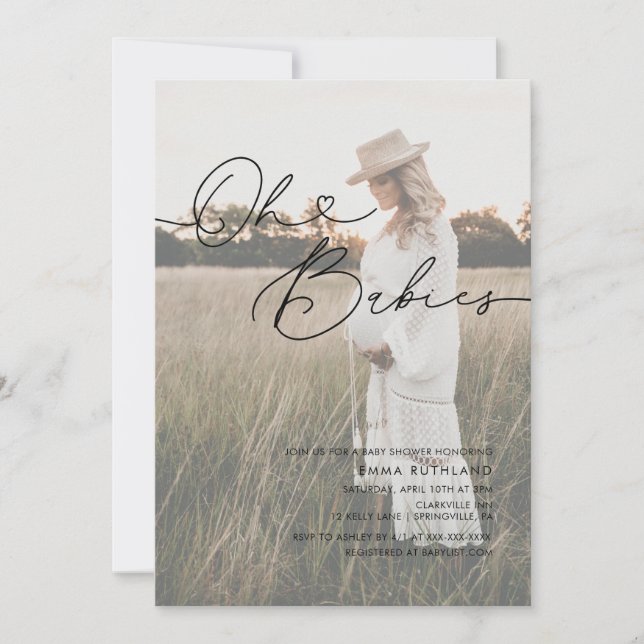 Minimalistisk handskriven foto-hjärt-babydusch inbjudningar (Framsida)